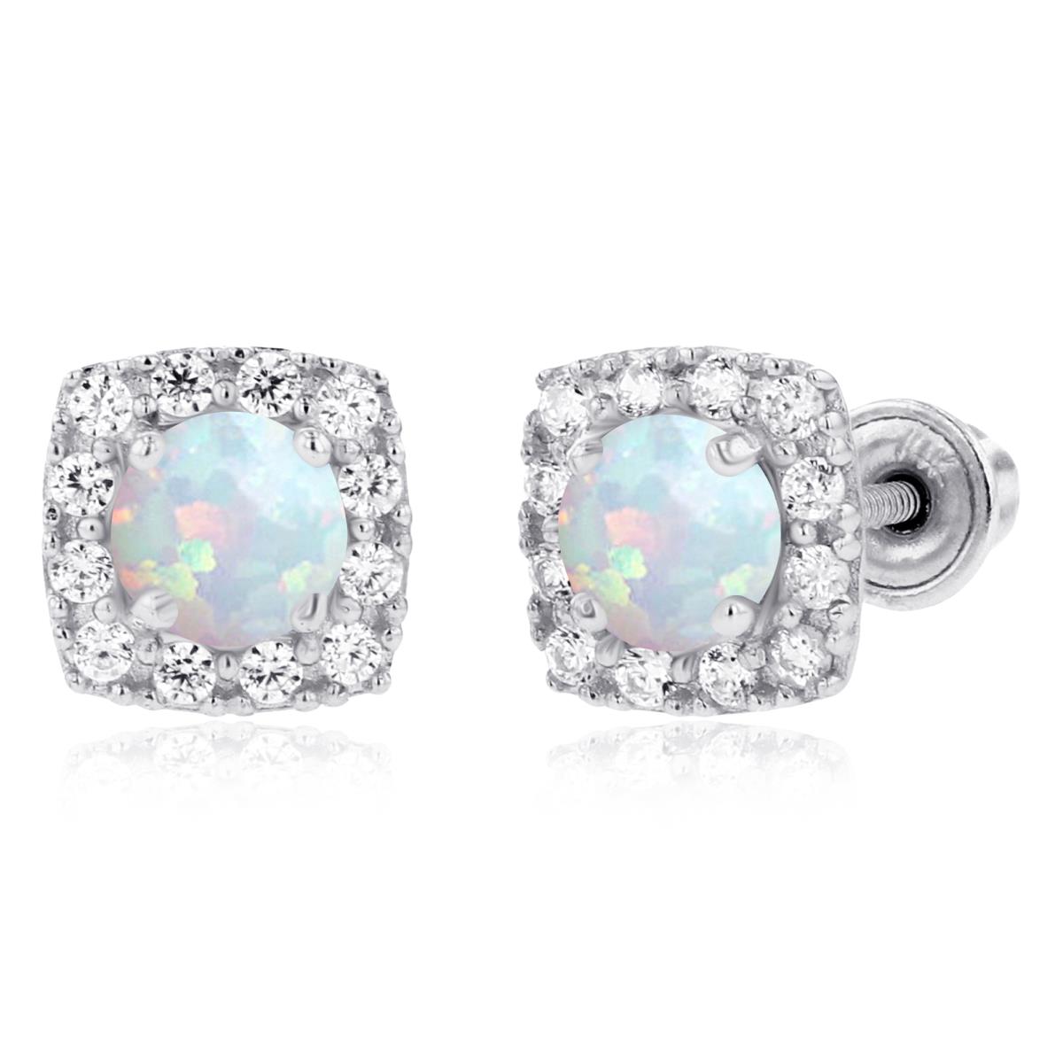 Sterling Silver Rhodium 4mm Created Opal & 1mm Created White Sapphire Cushion Halo Screwback Earrings