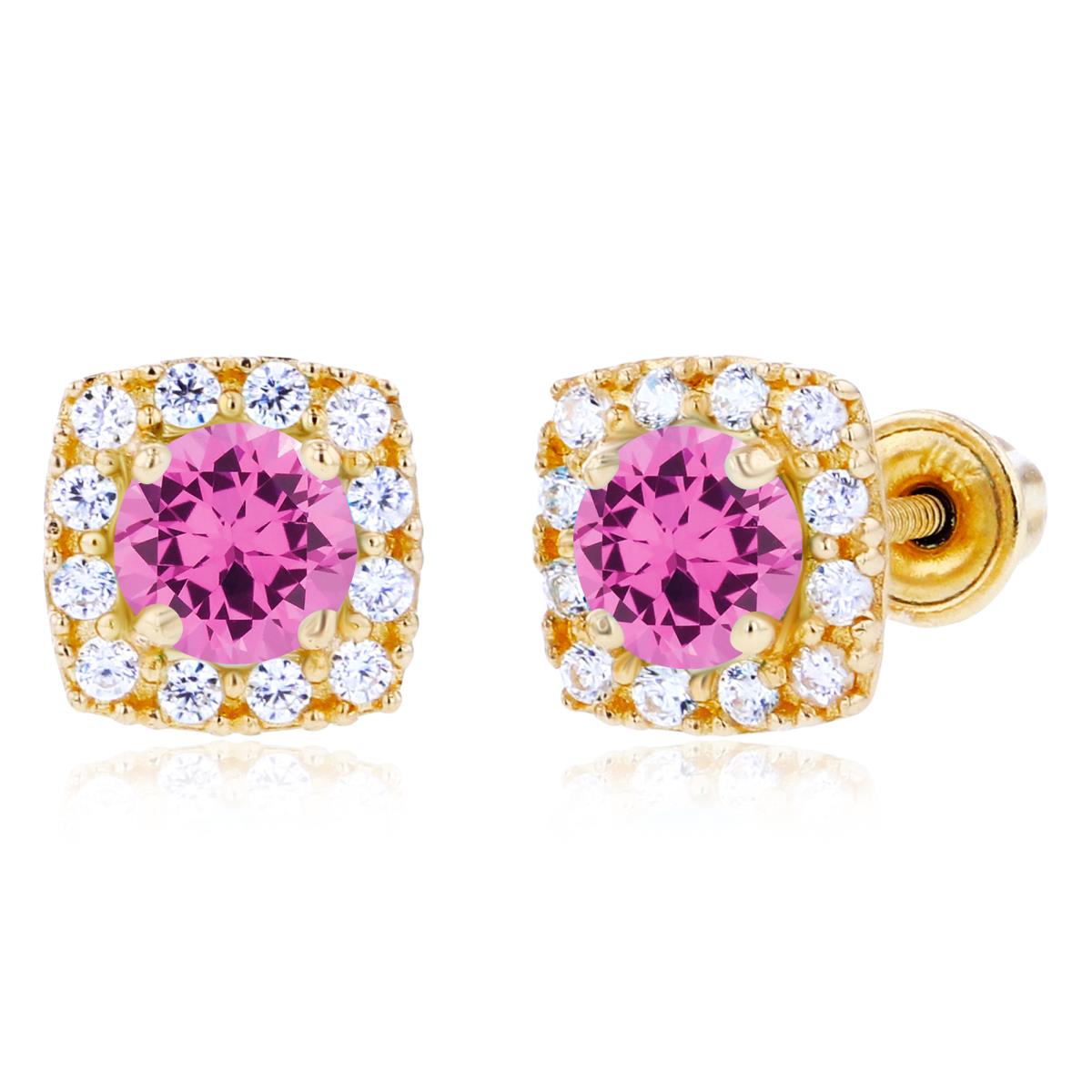 Sterling Silver Yellow 4mm Created Pink Sapphire & 1mm Created White Sapphire Cushion Halo Screwback Earrings