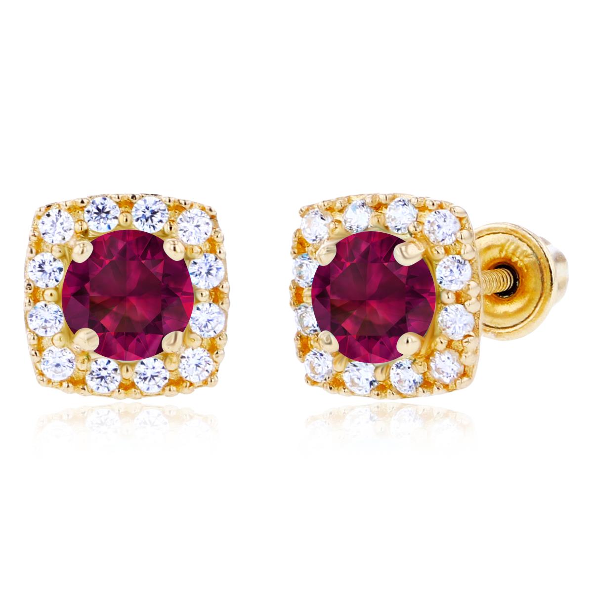 Sterling Silver Yellow 4mm Created Ruby & 1mm Created White Sapphire Cushion Halo Screwback Earrings