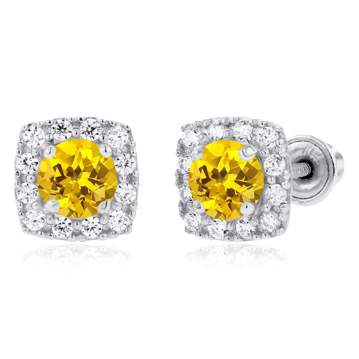 Sterling Silver Rhodium 4mm Created Yellow Sapphire & 1mm Created White Sapphire Cushion Halo Screwback Earrings