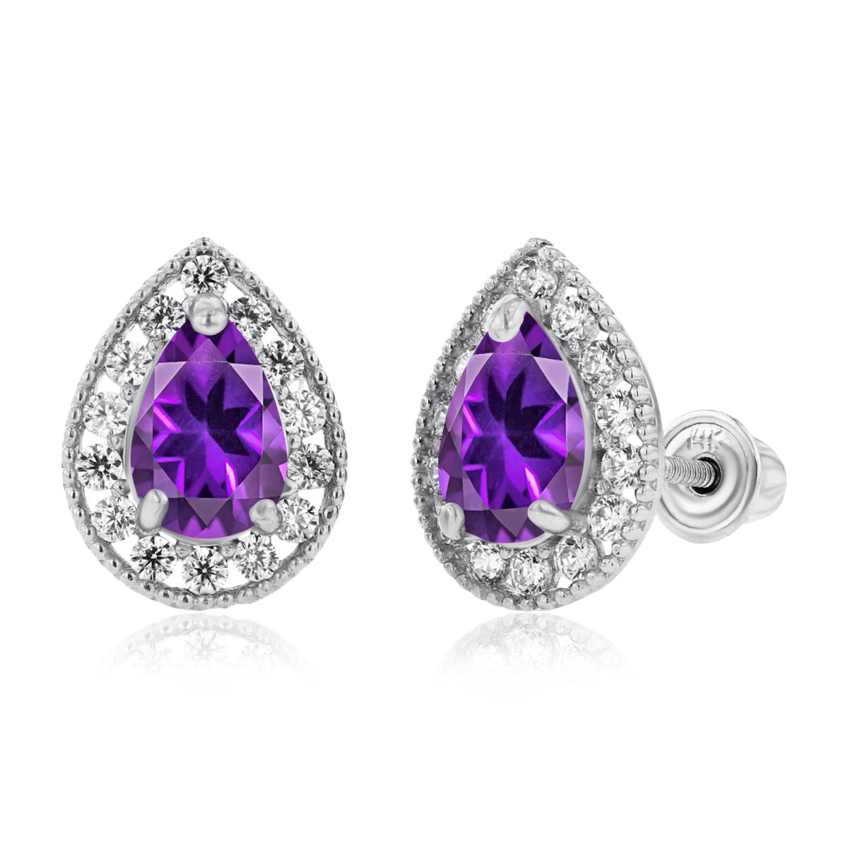 Sterling Silver Rhodium 6x4mm Pear Amethyst & 1.25mm Created white Sapphire Halo Screwback Earrings