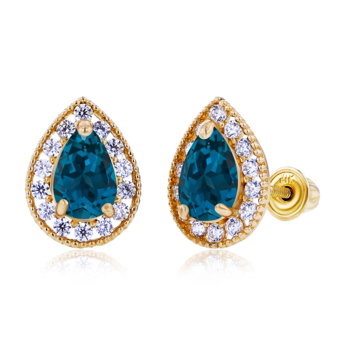 Sterling Silver Yellow 6x4mm Pear London Blue Topaz & 1.25mm Created white Sapphire Halo Screwback Earrings