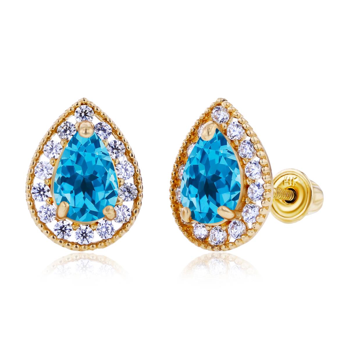Sterling Silver Yellow 6x4mm Pear Swiss Blue Topaz & 1.25mm Created white Sapphire Halo Screwback Earrings