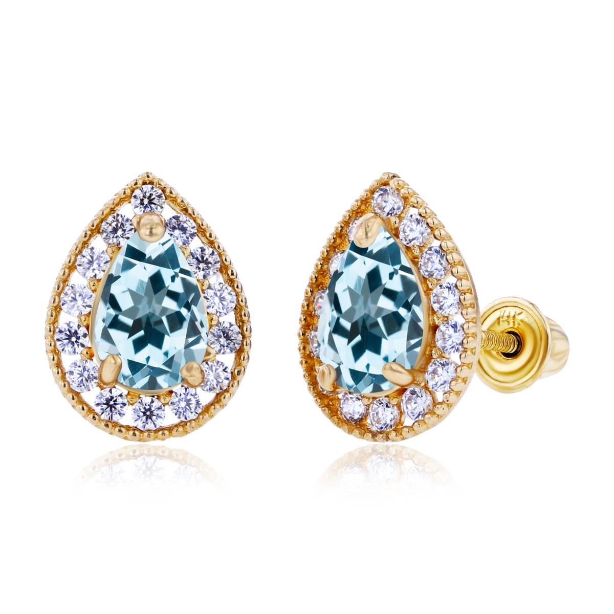 Sterling Silver Yellow 6x4mm Pear Sky Blue Topaz & 1.25mm Created white Sapphire Halo Screwback Earrings