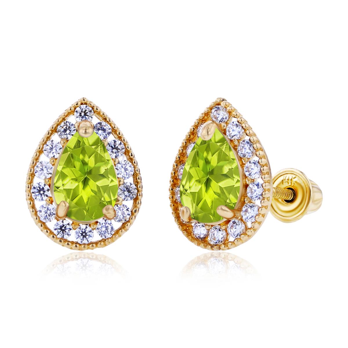 Sterling Silver Yellow 6x4mm Pear Peridot & 1.25mm Created white Sapphire Halo Screwback Earrings