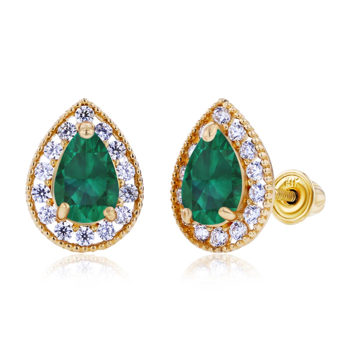 Sterling Silver Yellow 6x4mm Pear Created Emerald & 1.25mm Created white Sapphire Halo Screwback Earrings