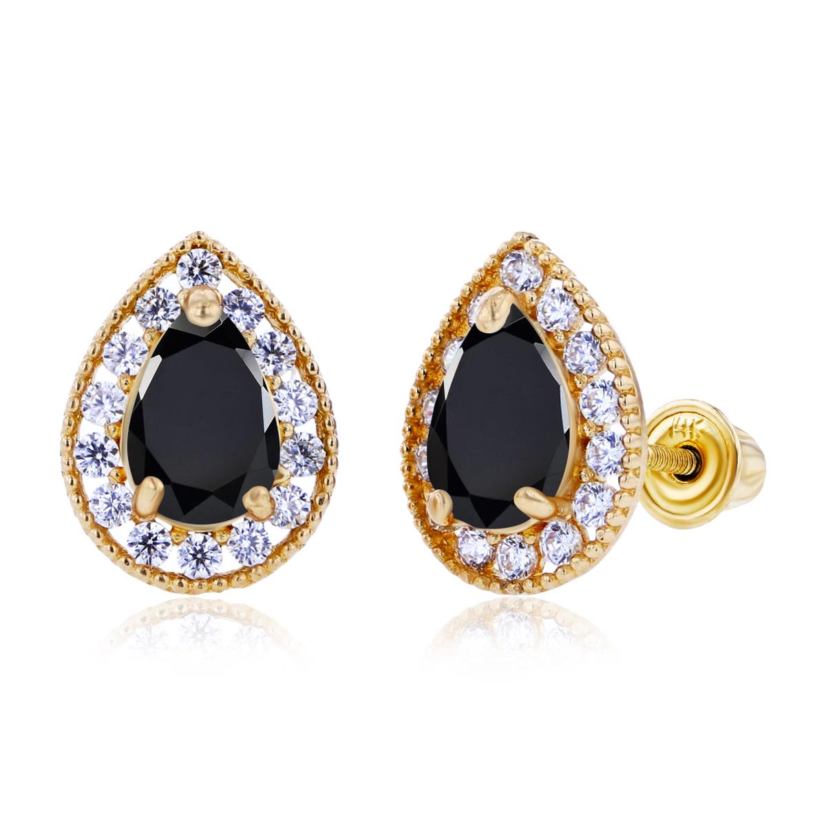 Sterling Silver Yellow 6x4mm Pear Onyx & 1.25mm Created white Sapphire Halo Screwback Earrings