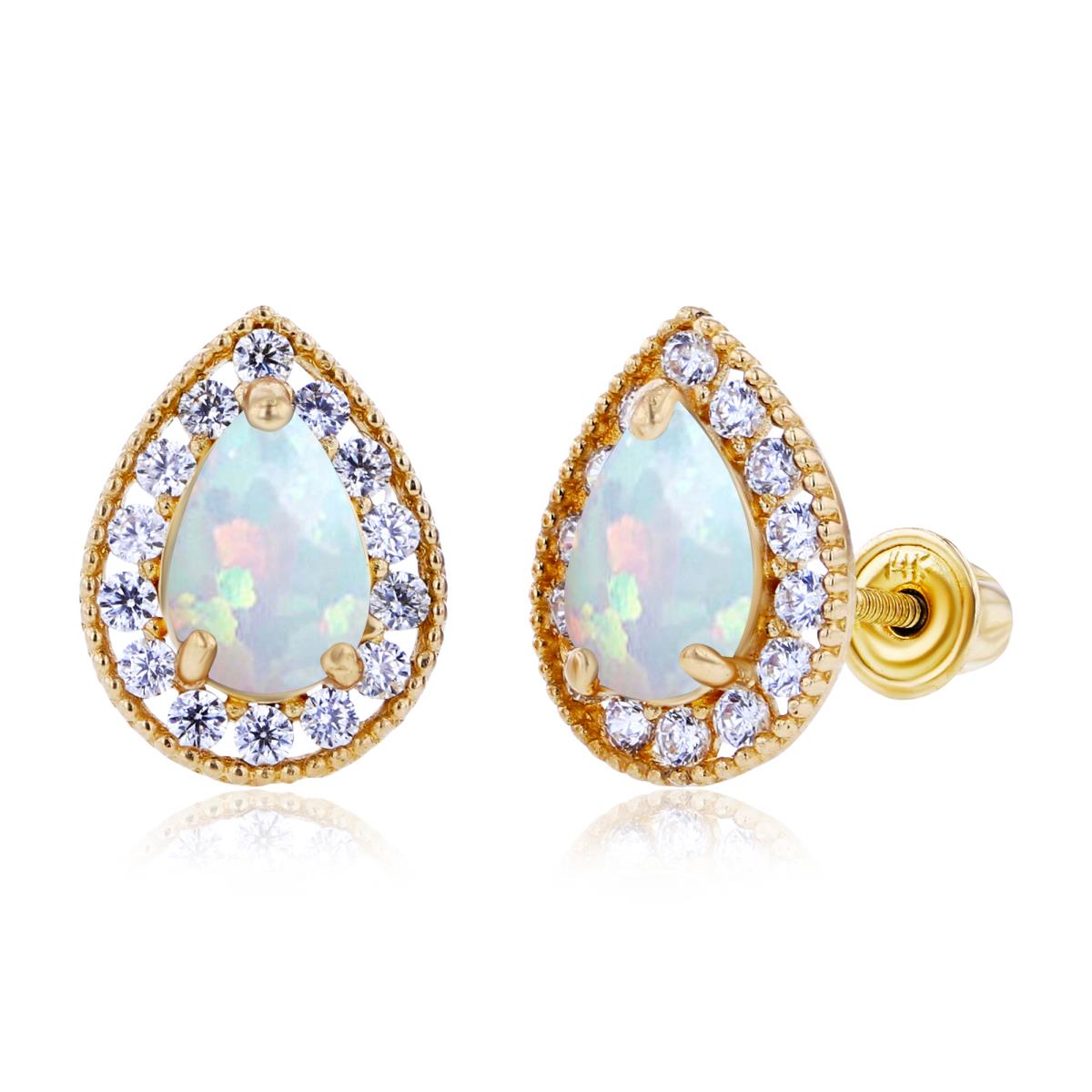 Sterling Silver Yellow 6x4mm Pear Created Opal & 1.25mm Created white Sapphire Halo Screwback Earrings