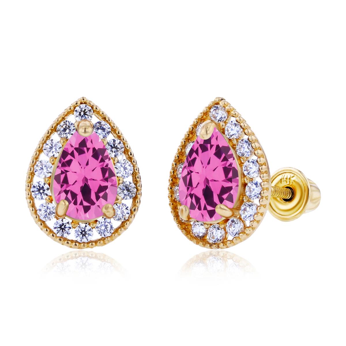 Sterling Silver Yellow 6x4mm Pear Created Pink Sapphire & 1.25mm Created white Sapphire Halo Screwback Earrings