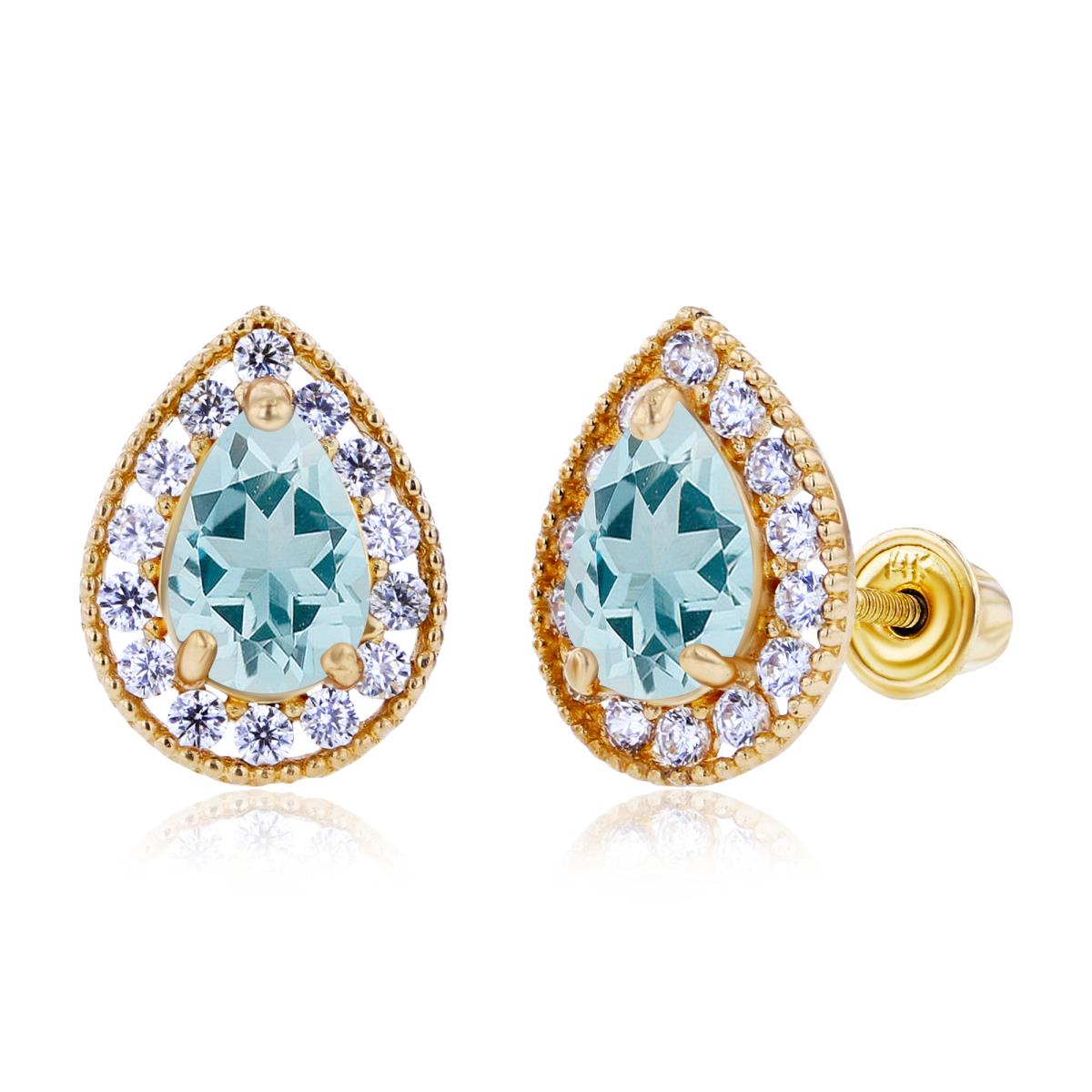 Sterling Silver Yellow 6x4mm Pear Aquamarine & 1.25mm Created white Sapphire Halo Screwback Earrings