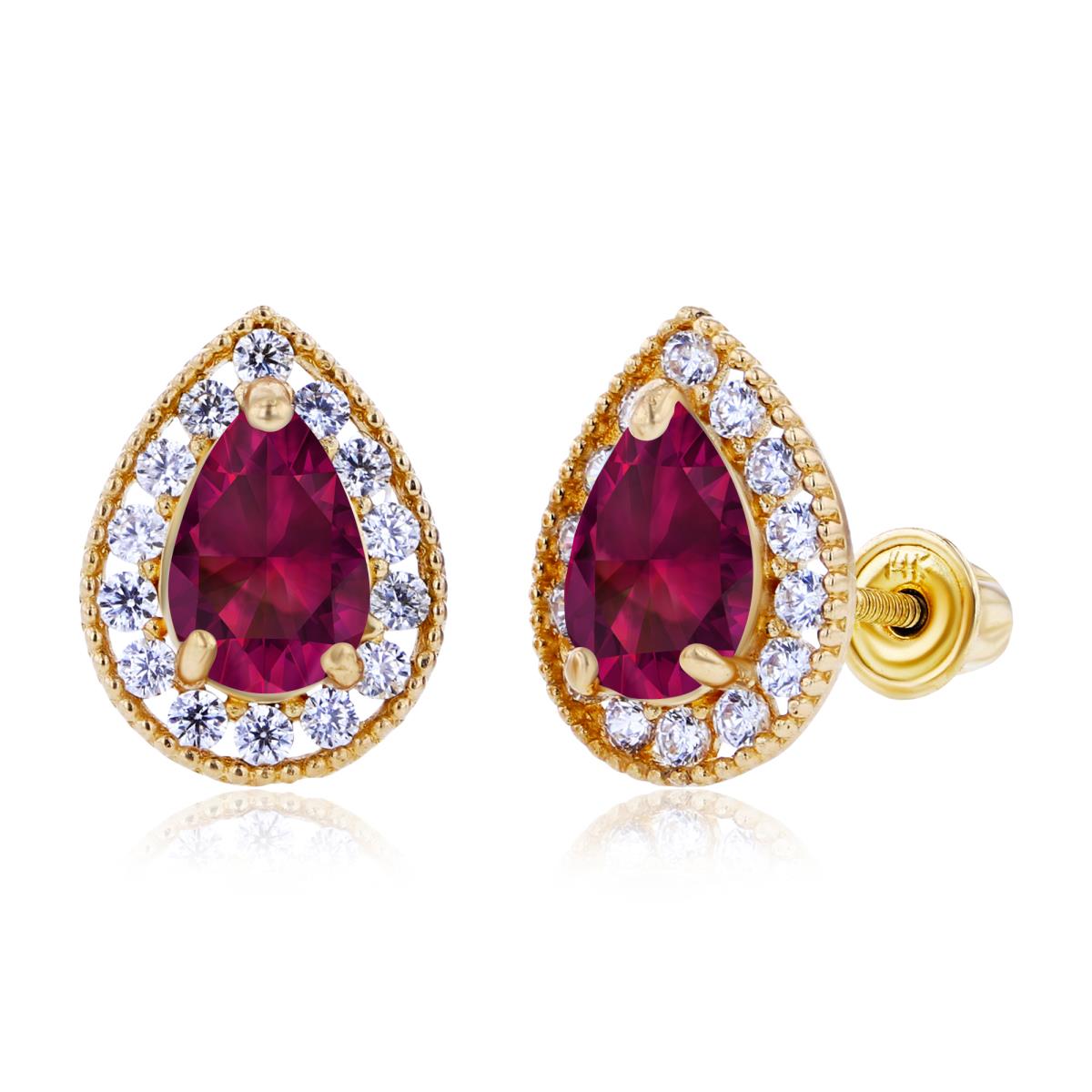 Sterling Silver Yellow 6x4mm Pear Created Ruby & 1.25mm Created white Sapphire Halo Screwback Earrings