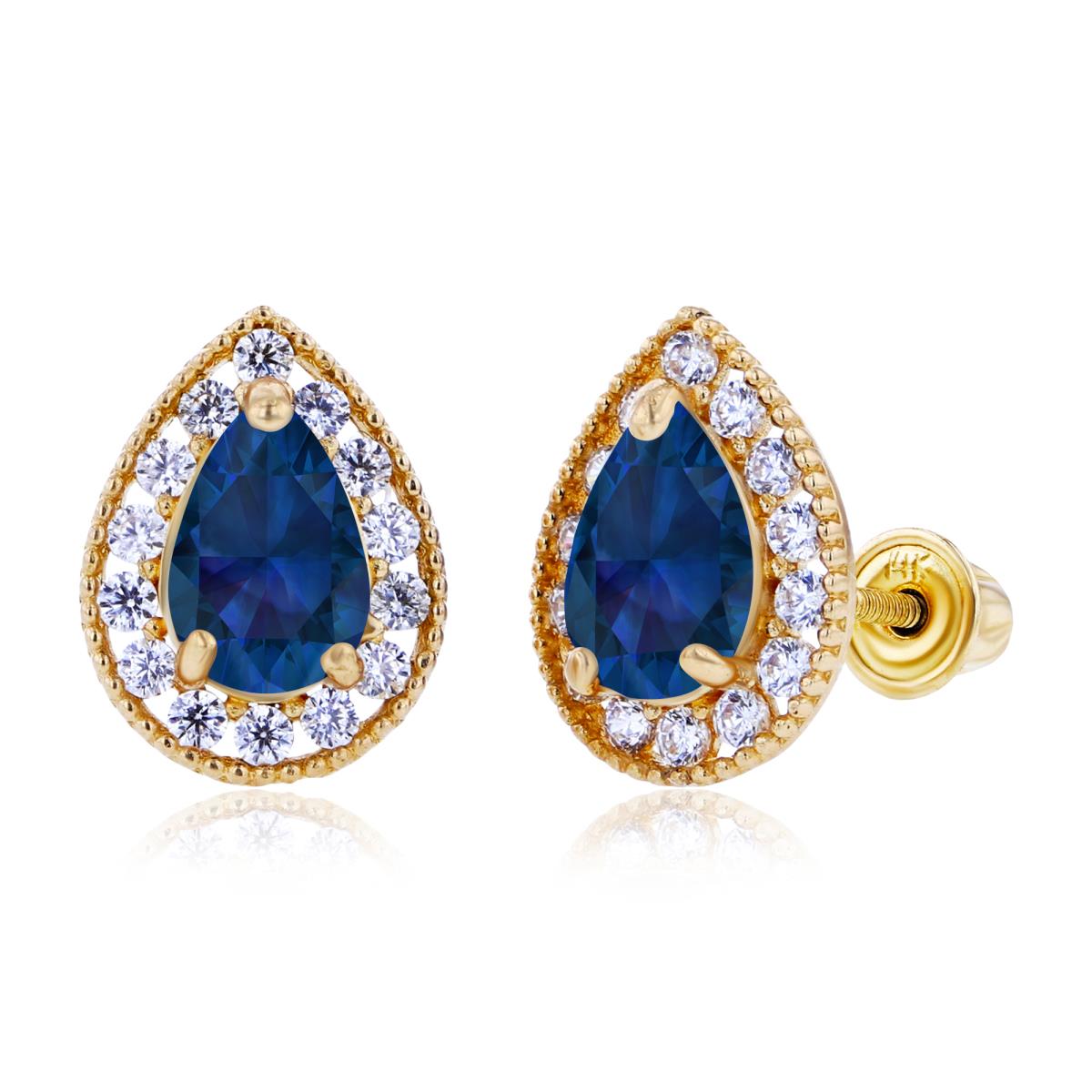 Sterling Silver Yellow 6x4mm Pear Created Blue Sapphire & 1.25mm Created white Sapphire Halo Screwback Earrings