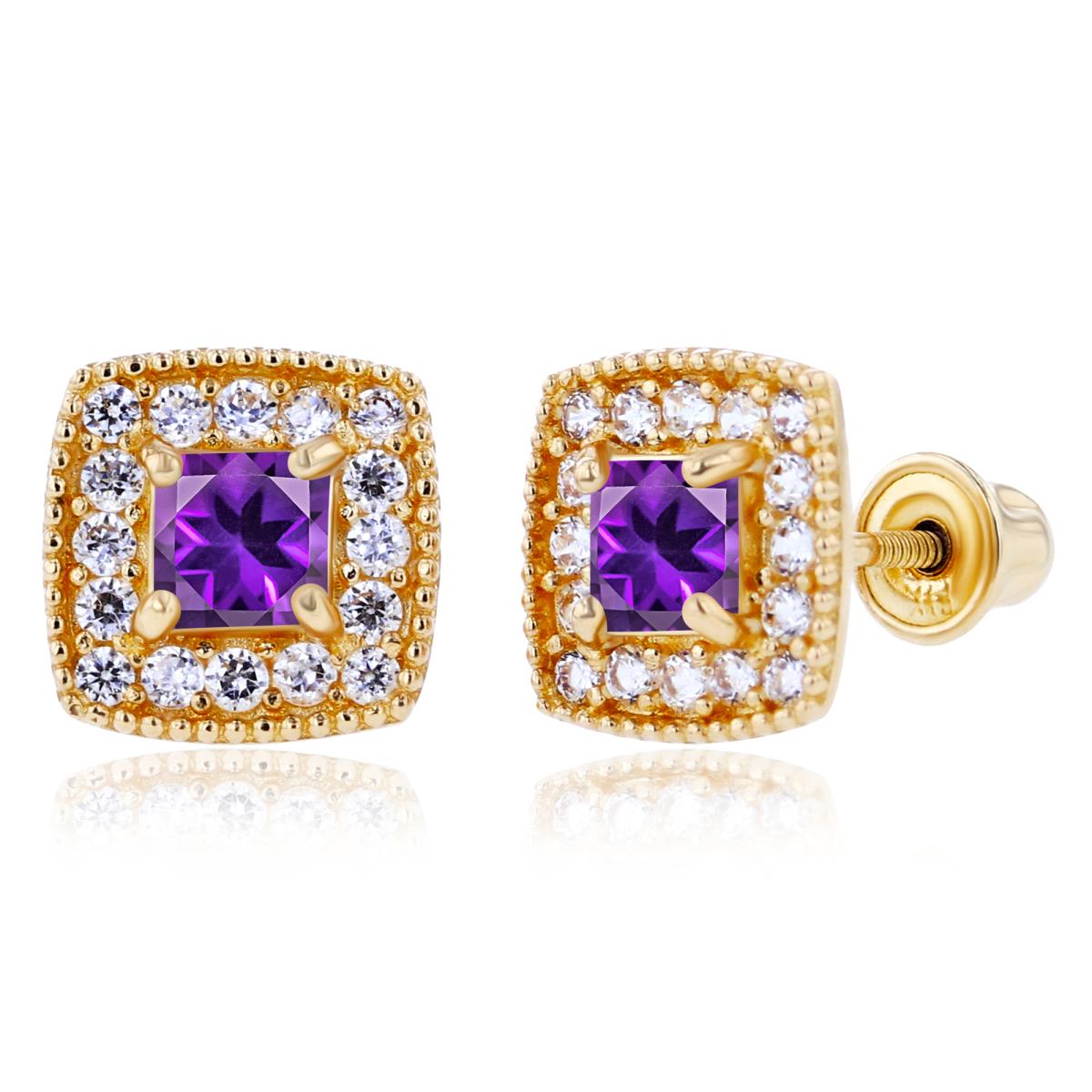 Sterling Silver Yellow 3mm Square Amethyst & 1mm Created White Sapphire Cushion Halo Screwback Earrings