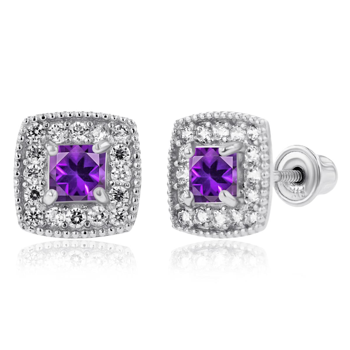 Sterling Silver Rhodium 3mm Square Amethyst & 1mm Created White Sapphire Cushion Halo Screwback Earrings