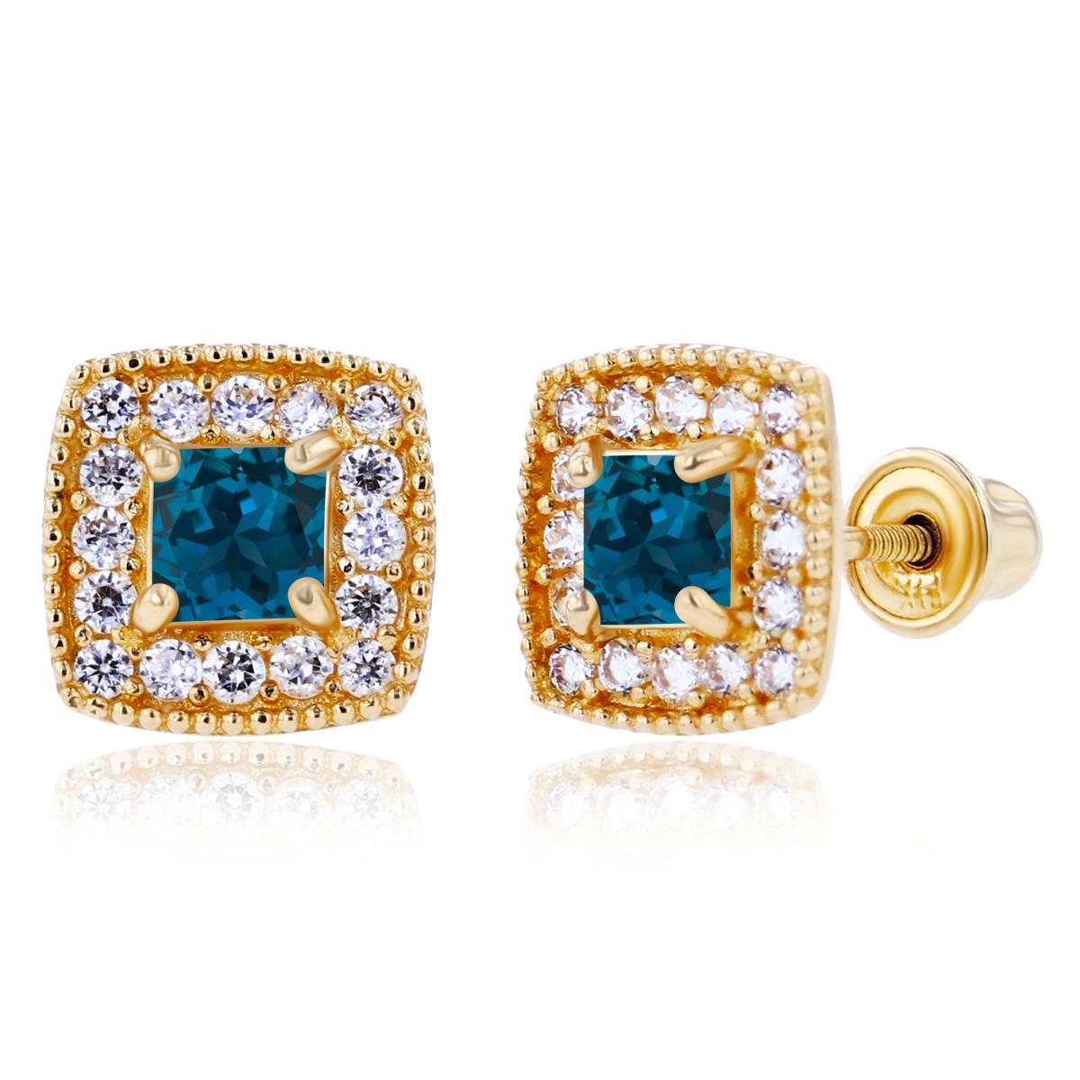 Sterling Silver Yellow 3mm Square London Blue Topaz & 1mm Created White Sapphire Cushion Halo Screwback Earrings