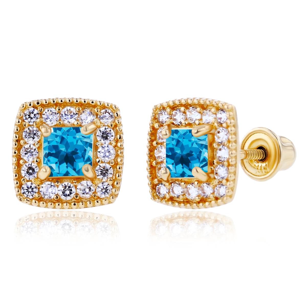 Sterling Silver Yellow 3mm Square Swiss Blue Topaz & 1mm Created White Sapphire Cushion Halo Screwback Earrings