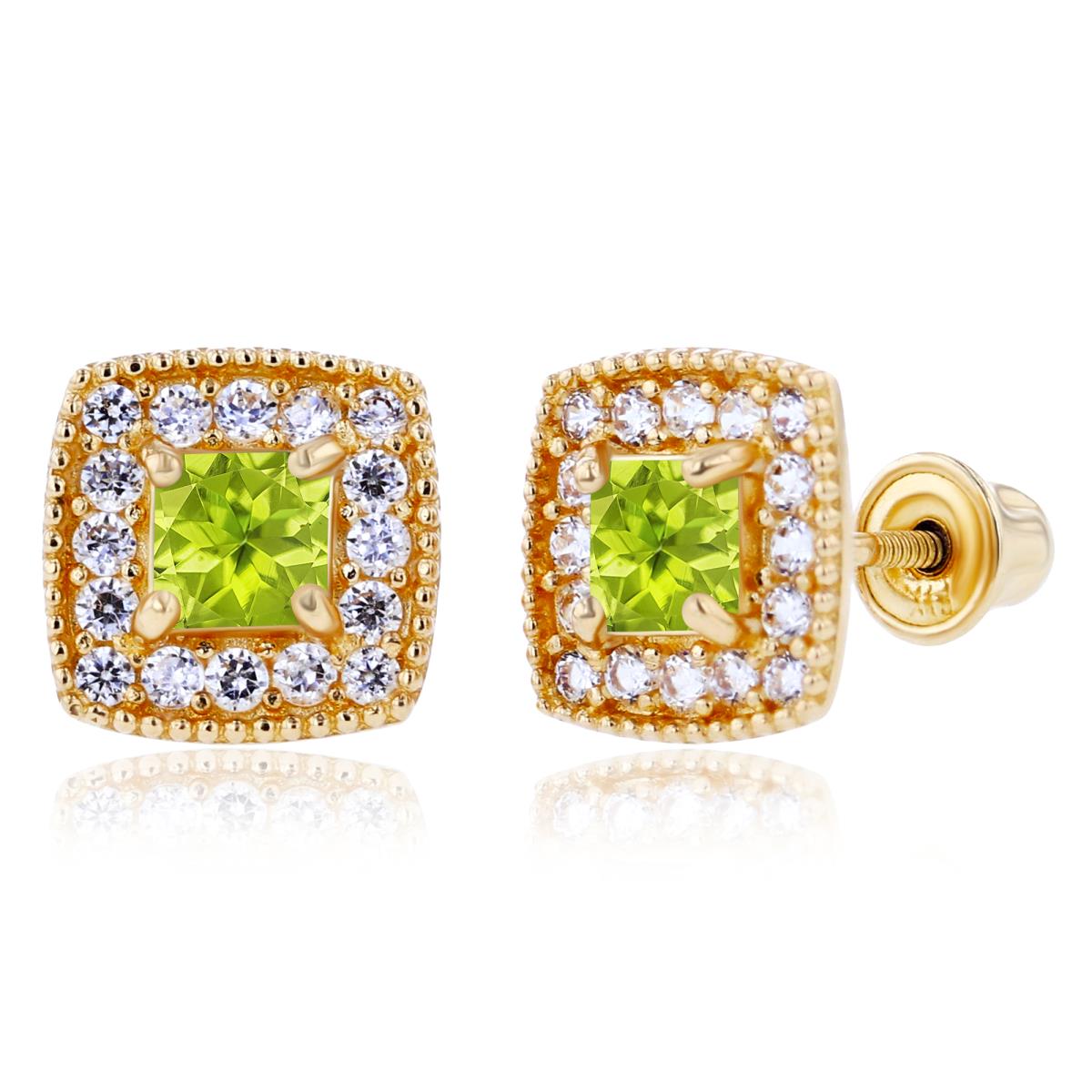 Sterling Silver Yellow 3mm Square Peridot & 1mm Created White Sapphire Cushion Halo Screwback Earrings