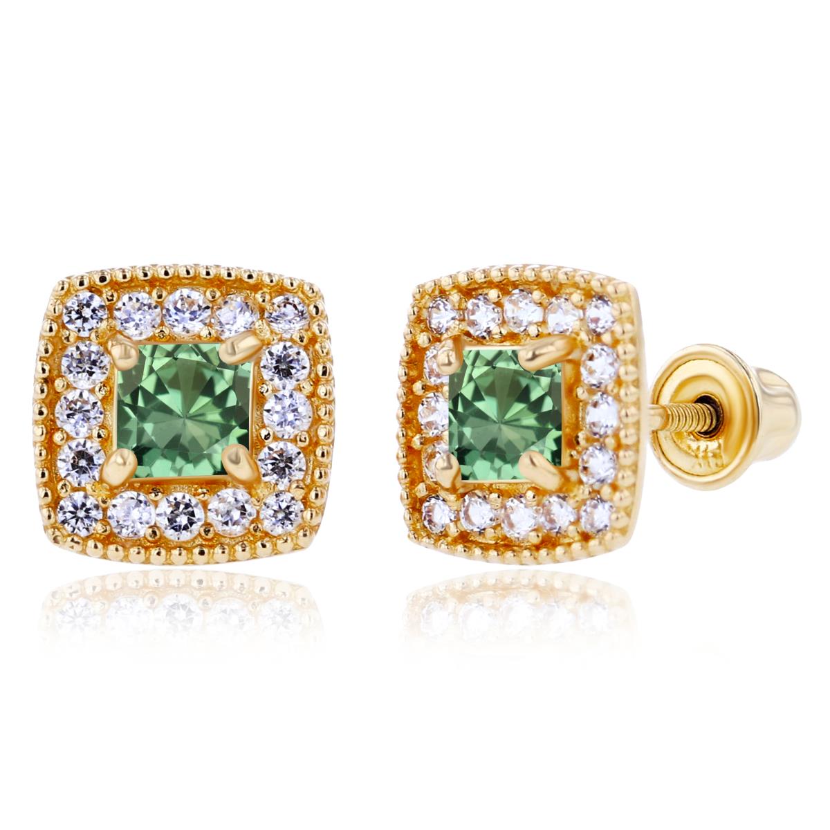 Sterling Silver Yellow 3mm Square Created Green Sapphire & 1mm Created White Sapphire Cushion Halo Screwback Earrings