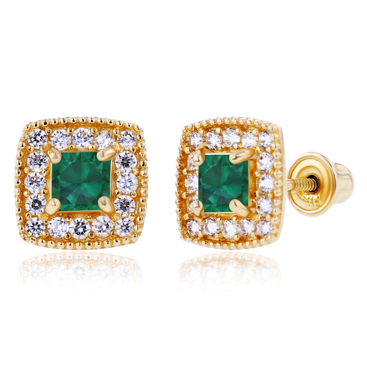 Sterling Silver Yellow 3mm Square Created Emerald & 1mm Created White Sapphire Cushion Halo Screwback Earrings