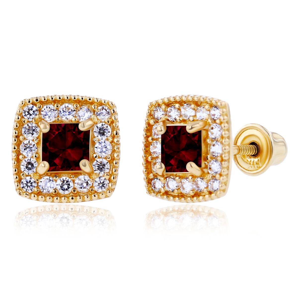 Sterling Silver Yellow 3mm Square Garnet & 1mm Created White Sapphire Cushion Halo Screwback Earrings
