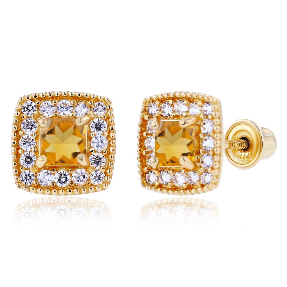 Sterling Silver Yellow 3mm Square Citrine & 1mm Created White Sapphire Cushion Halo Screwback Earrings