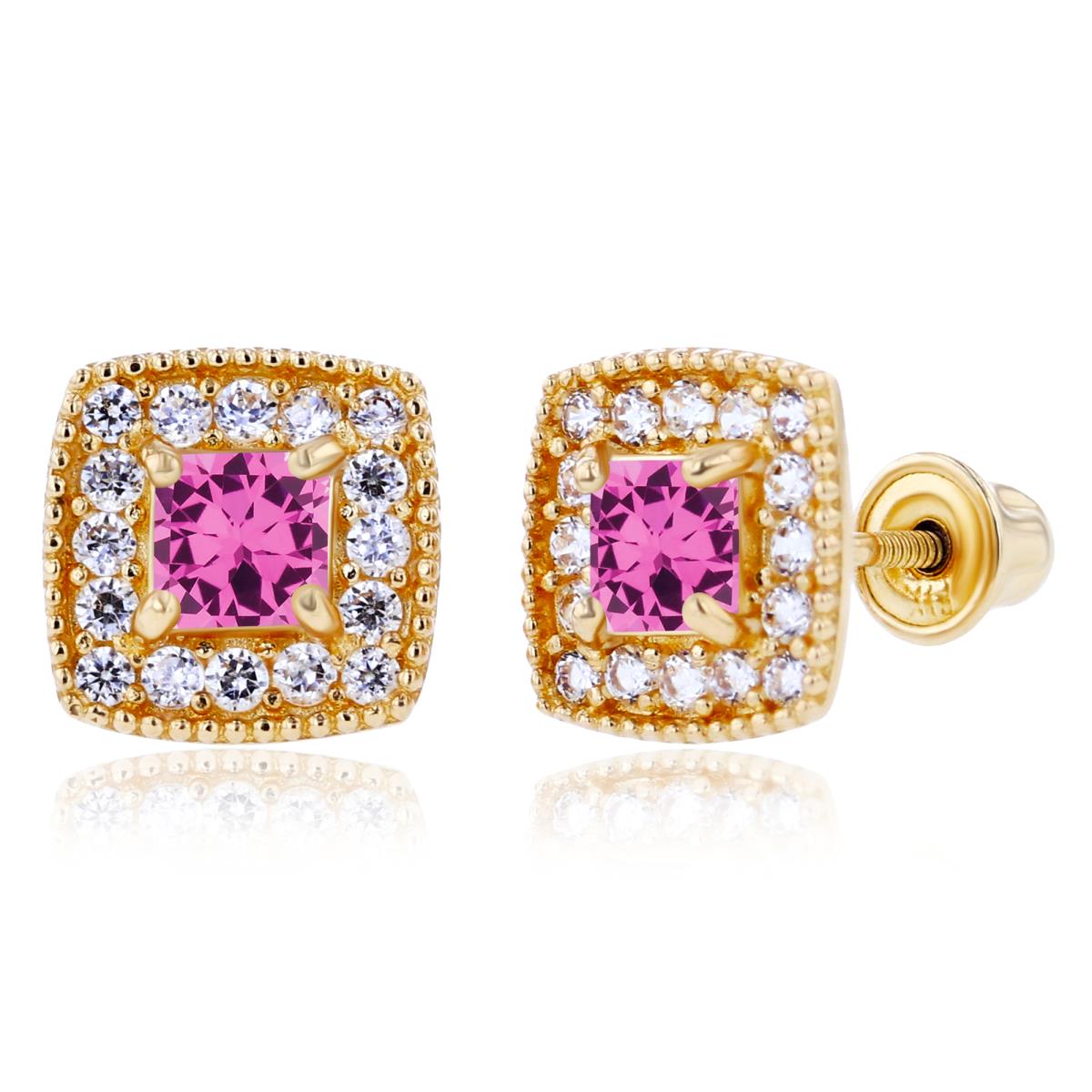 Sterling Silver Yellow 3mm Square Created Pink Sapphire & 1mm Created White Sapphire Cushion Halo Screwback Earrings