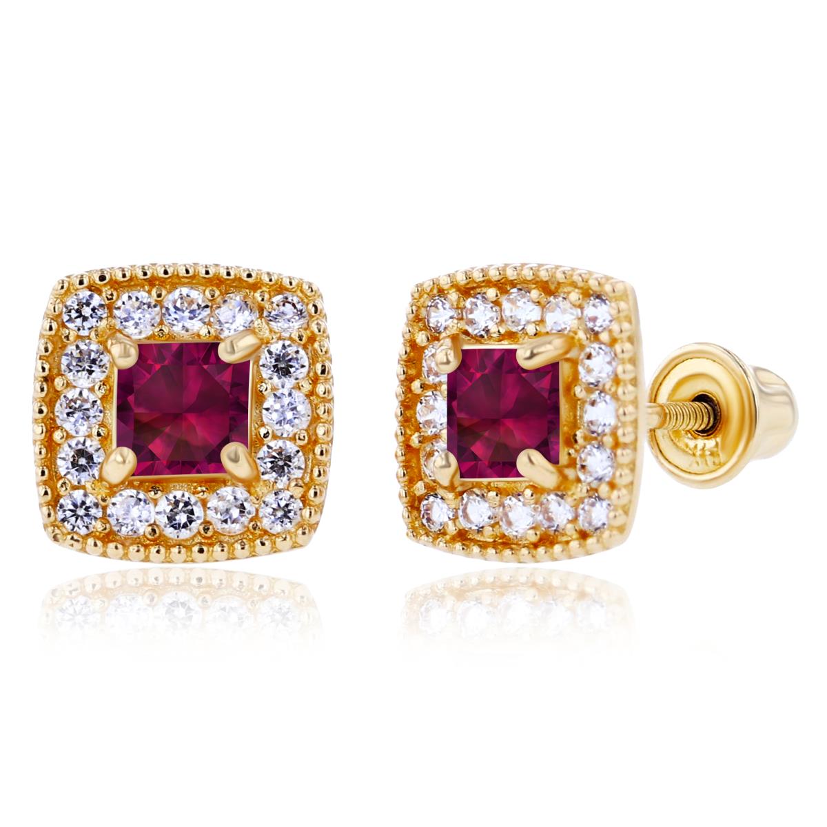 Sterling Silver Yellow 3mm Square Created Ruby & 1mm Created White Sapphire Cushion Halo Screwback Earrings