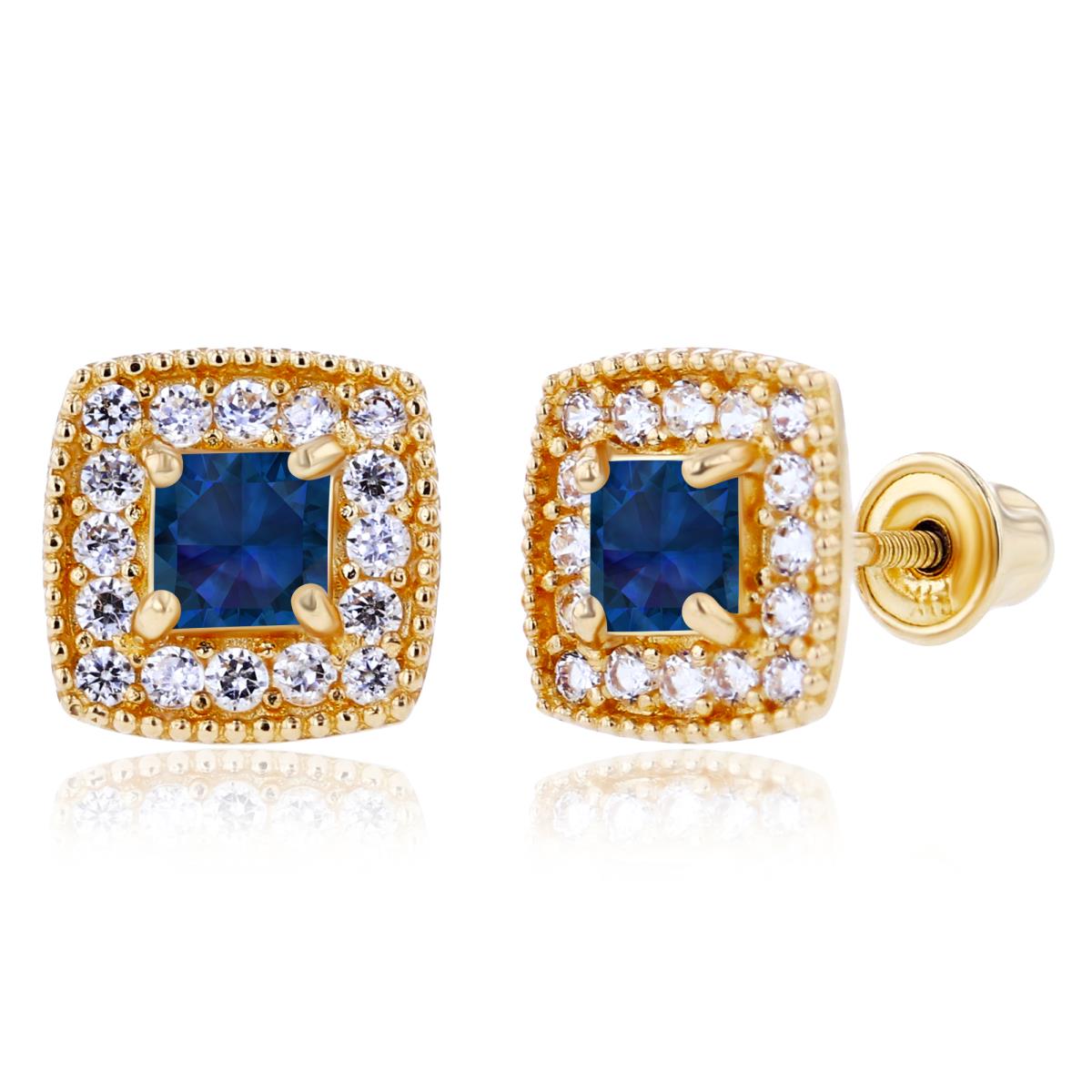 Sterling Silver Yellow 3mm Square Created Blue Sapphire & 1mm Created White Sapphire Cushion Halo Screwback Earrings