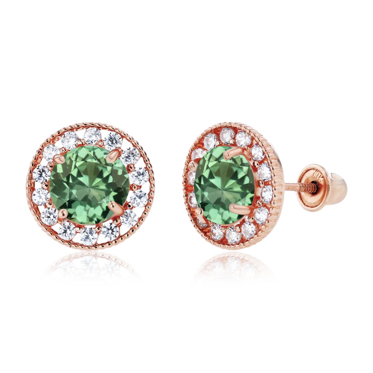 Sterling Silver Rose 6mm Created Green Sapphire & 1.25mm Created White Sapphire Fancy Halo Screwback Earrings