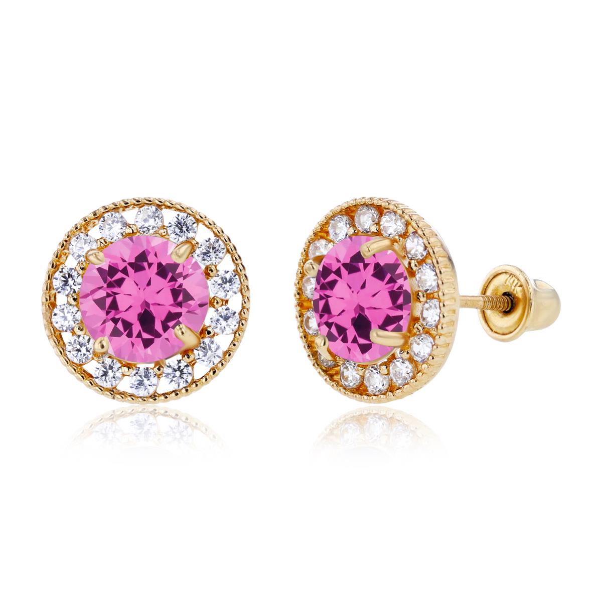 Sterling Silver Yellow 6mm Created Pink Sapphire & 1.25mm Created White Sapphire Fancy Halo Screwback Earrings