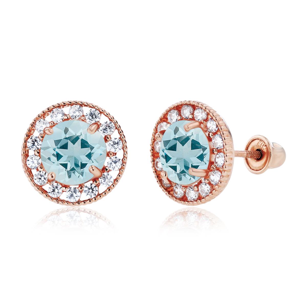 Sterling Silver Rose 6mm Aquamarine & 1.25mm Created White Sapphire Fancy Halo Screwback Earrings