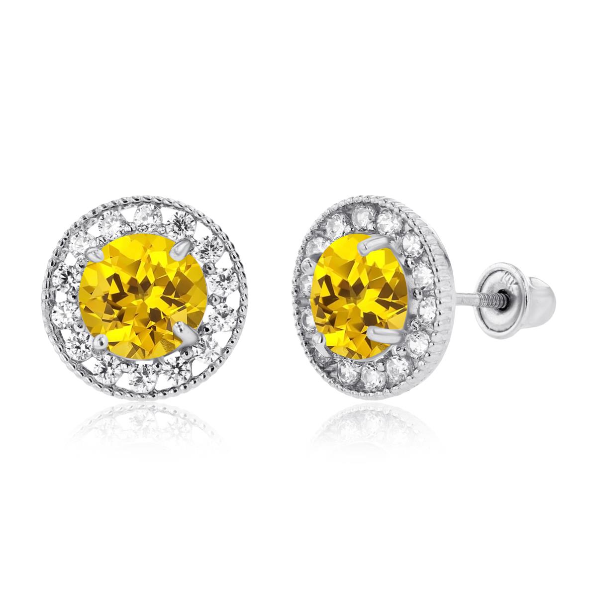 Sterling Silver Rhodium 6mm Created Yellow Sapphire & 1.25mm Created White Sapphire Fancy Halo Screwback Earrings