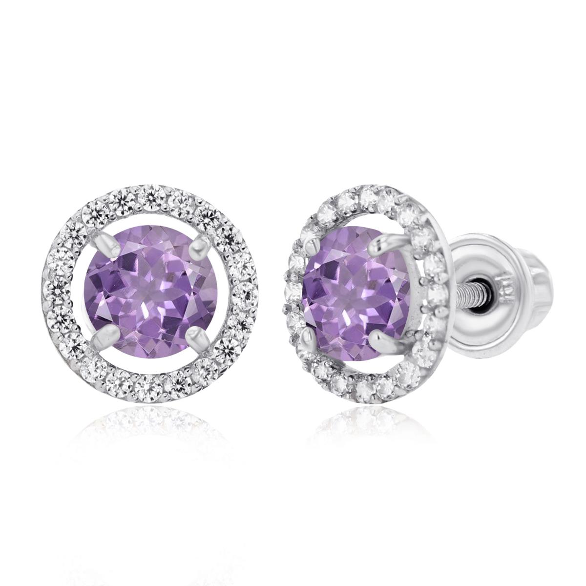 Sterling Silver Rhodium 5mm Rose De France & 1mm Created White Sapphire Halo Screwback Earrings