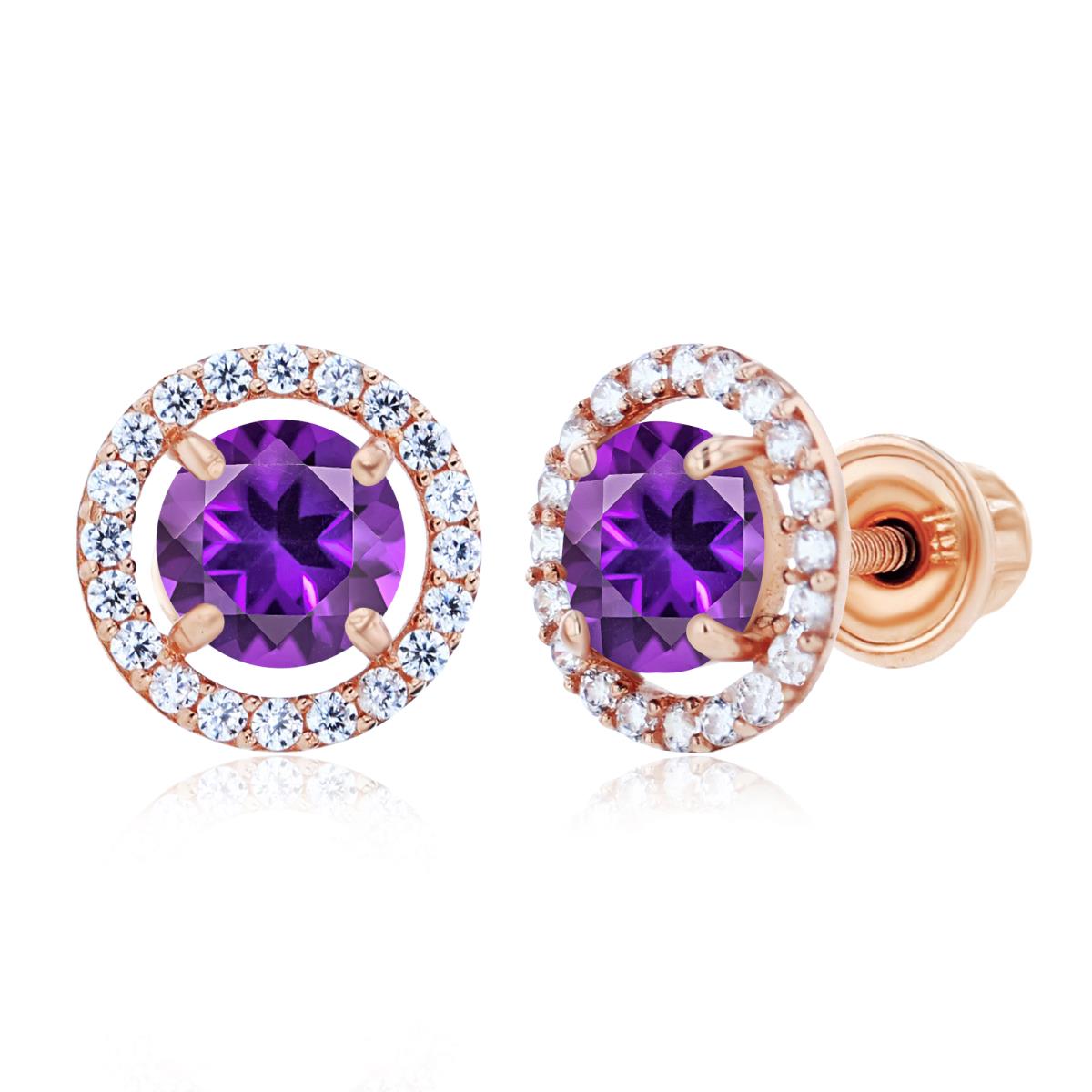 Sterling Silver Rose 5mm Amethyst & 1mm Created White Sapphire Halo Screwback Earrings