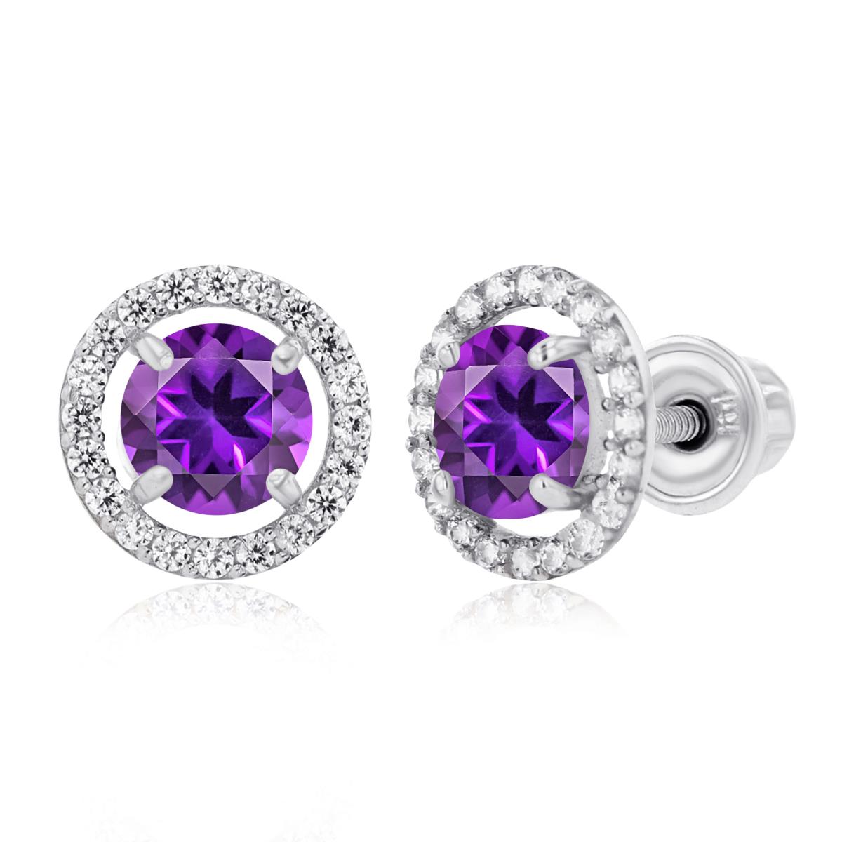 Sterling Silver Rhodium 5mm Amethyst & 1mm Created White Sapphire Halo Screwback Earrings