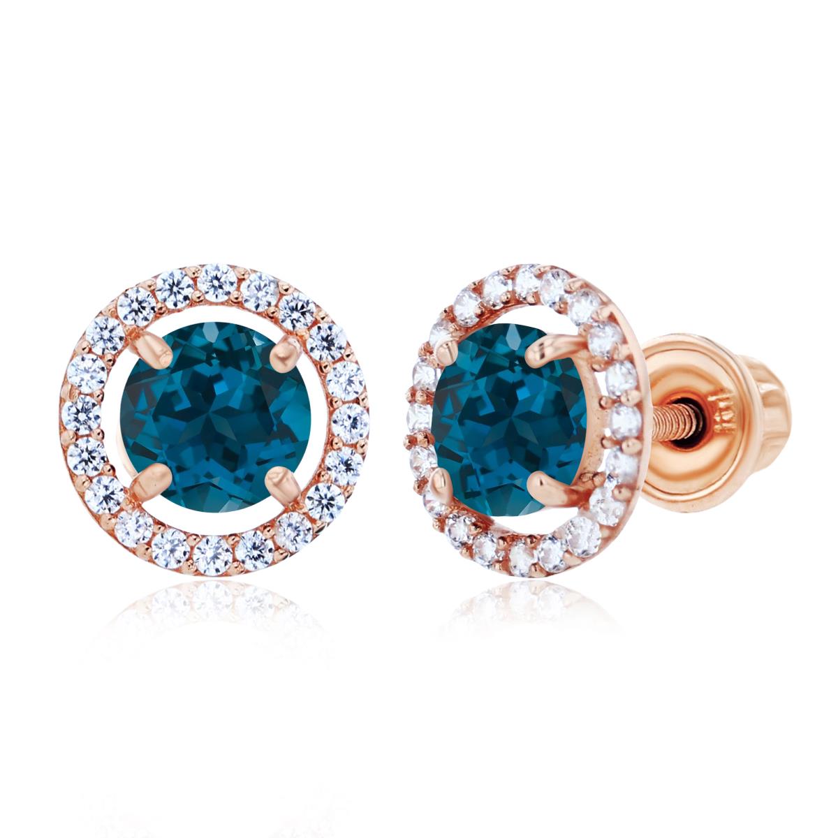 Sterling Silver Rose 5mm London Blue Topaz & 1mm Created White Sapphire Halo Screwback Earrings