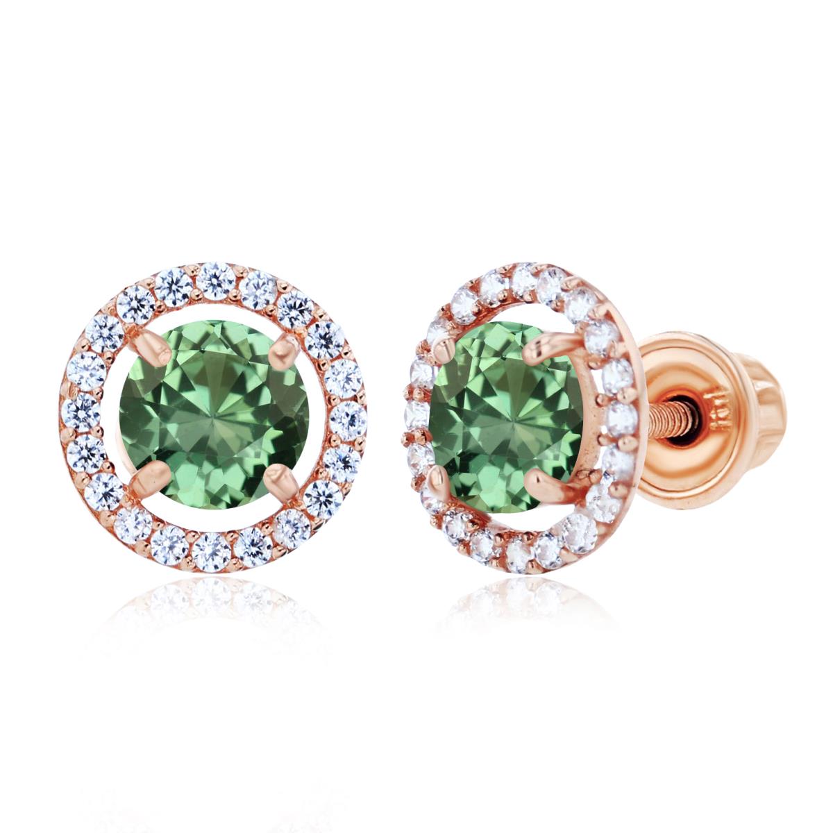 Sterling Silver Rose 5mm Created Green Sapphire & 1mm Created White Sapphire Halo Screwback Earrings