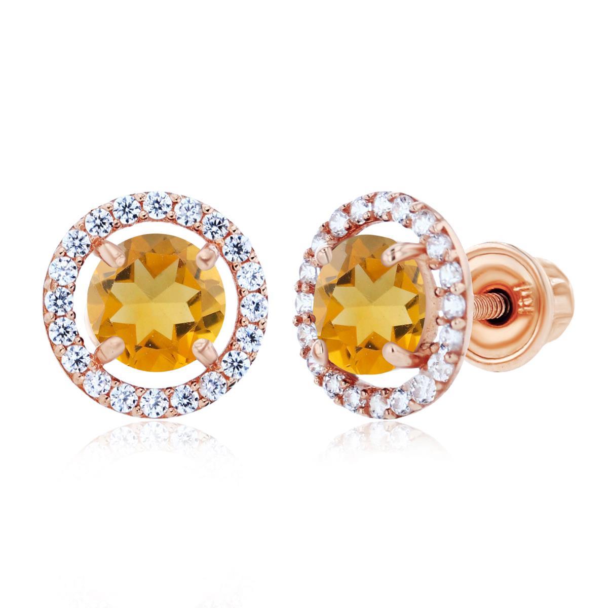 Sterling Silver Rose 5mm Citrine & 1mm Created White Sapphire Halo Screwback Earrings