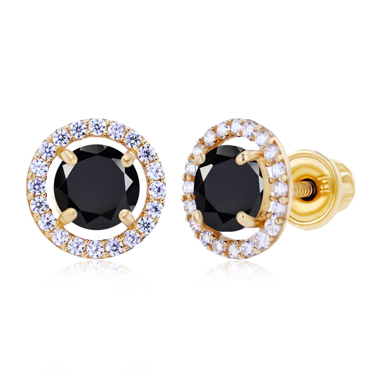 Sterling Silver Yellow 5mm Onyx & 1mm Created White Sapphire Halo Screwback Earrings