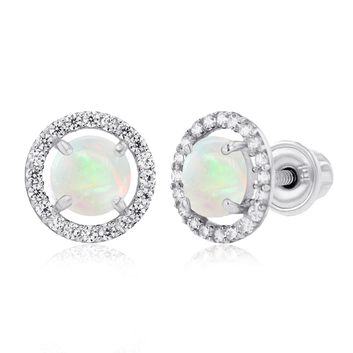 Sterling Silver Rhodium 5mm Opal & 1mm Created White Sapphire Halo Screwback Earrings