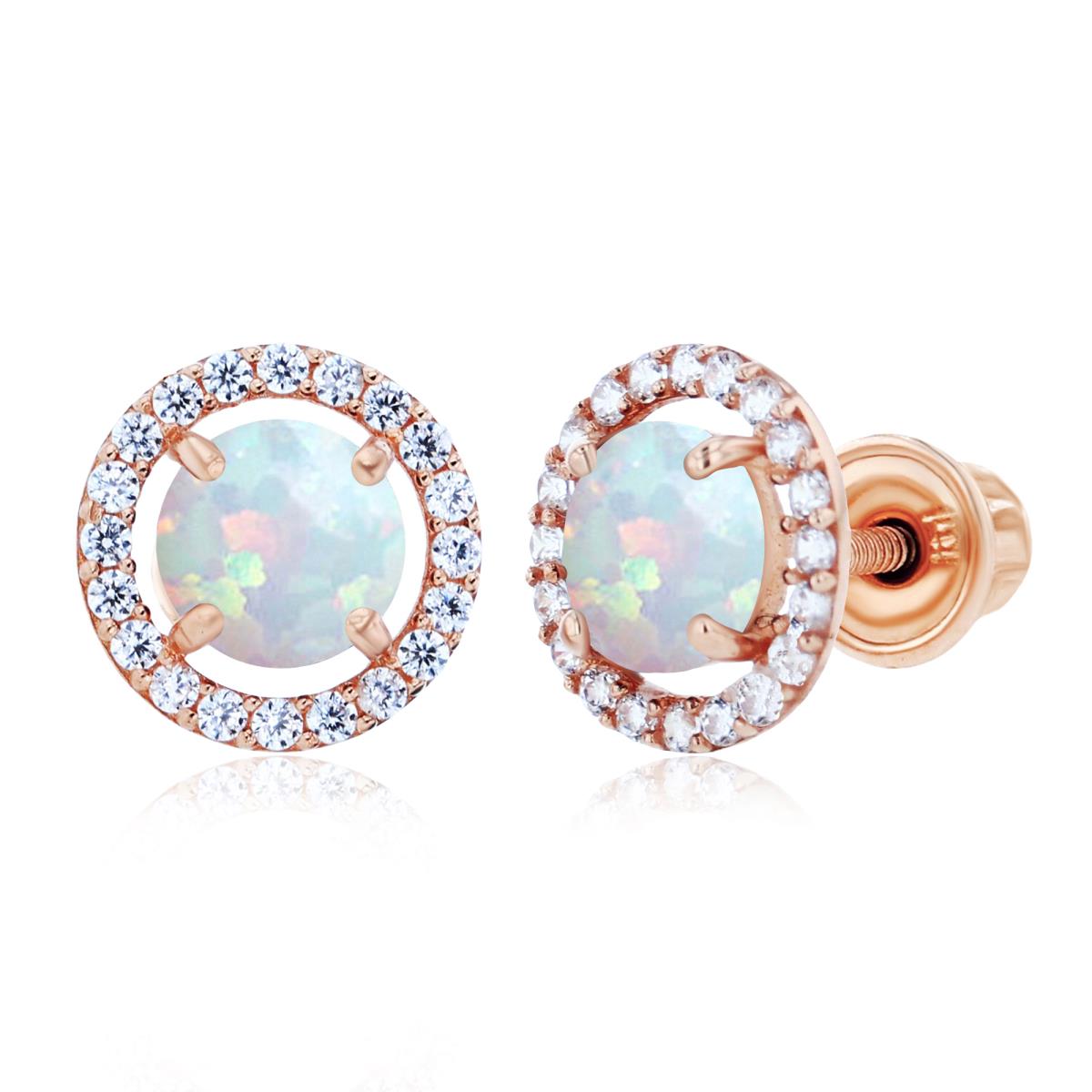 Sterling Silver Rose 5mm Created Opal & 1mm Created White Sapphire Halo Screwback Earrings