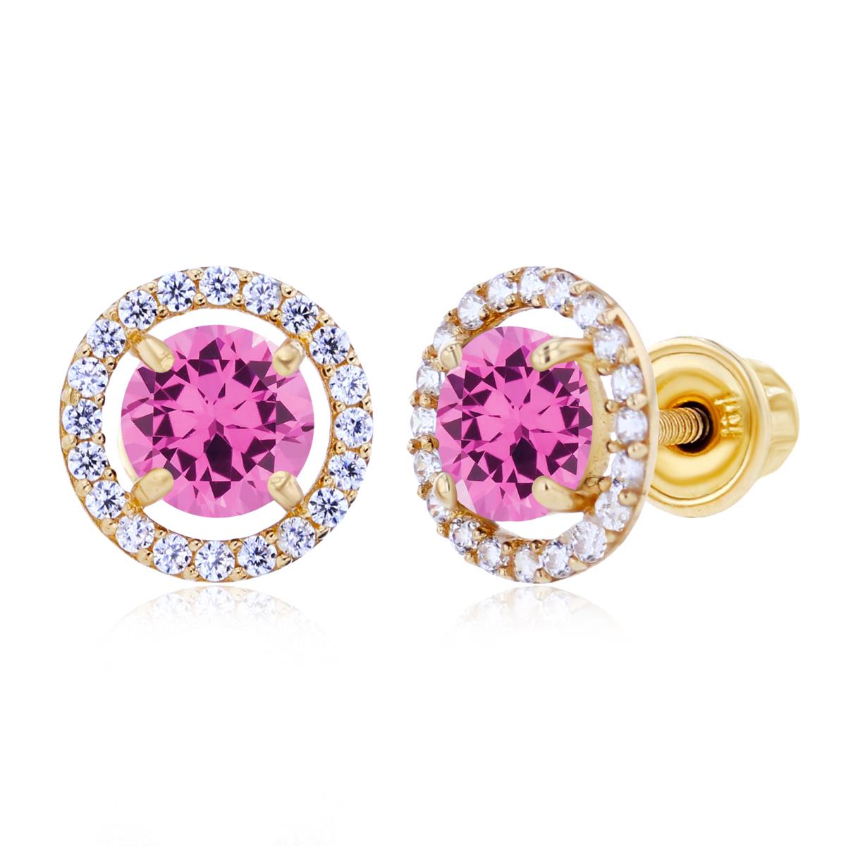 Sterling Silver Yellow 5mm Created Pink Sapphire & 1mm Created White Sapphire Halo Screwback Earrings