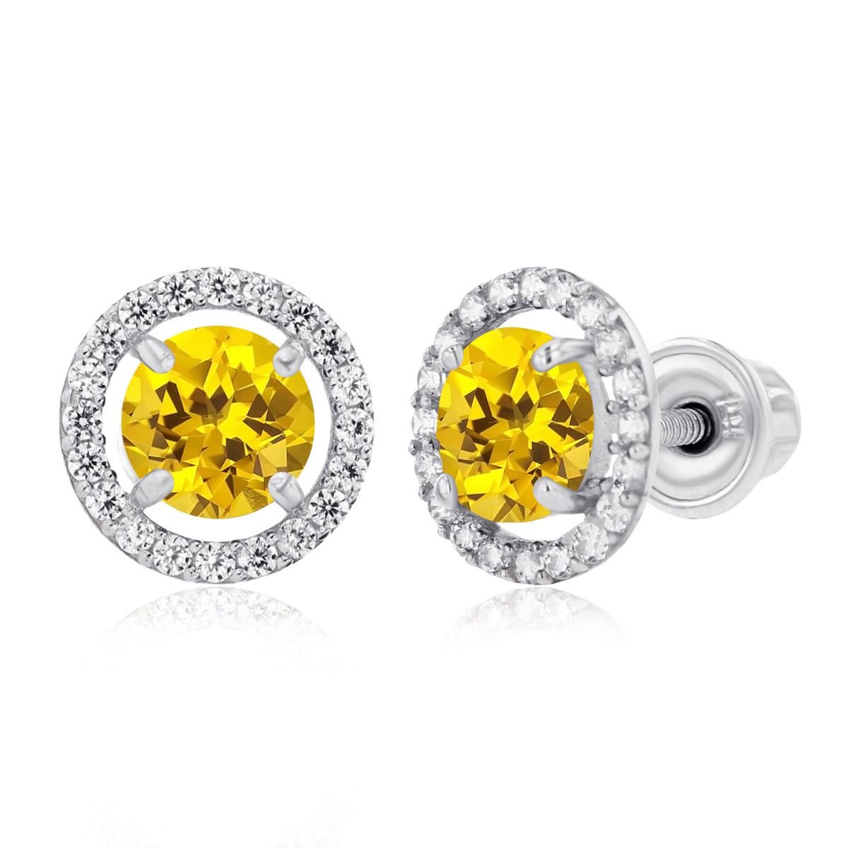 Sterling Silver Rhodium 5mm Created Yellow Sapphire & 1mm Created White Sapphire Halo Screwback Earrings