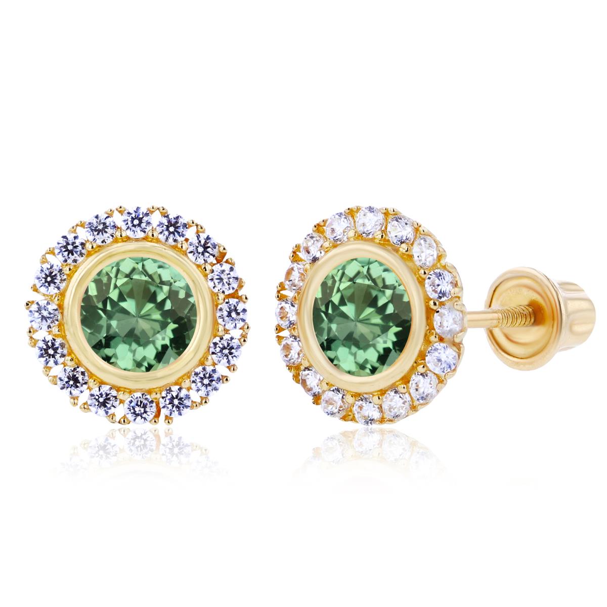 Sterling Silver Yellow 4mm Created Green Sapphire Bezel & 1mm Created White Sapphire Halo Screwback Earrings