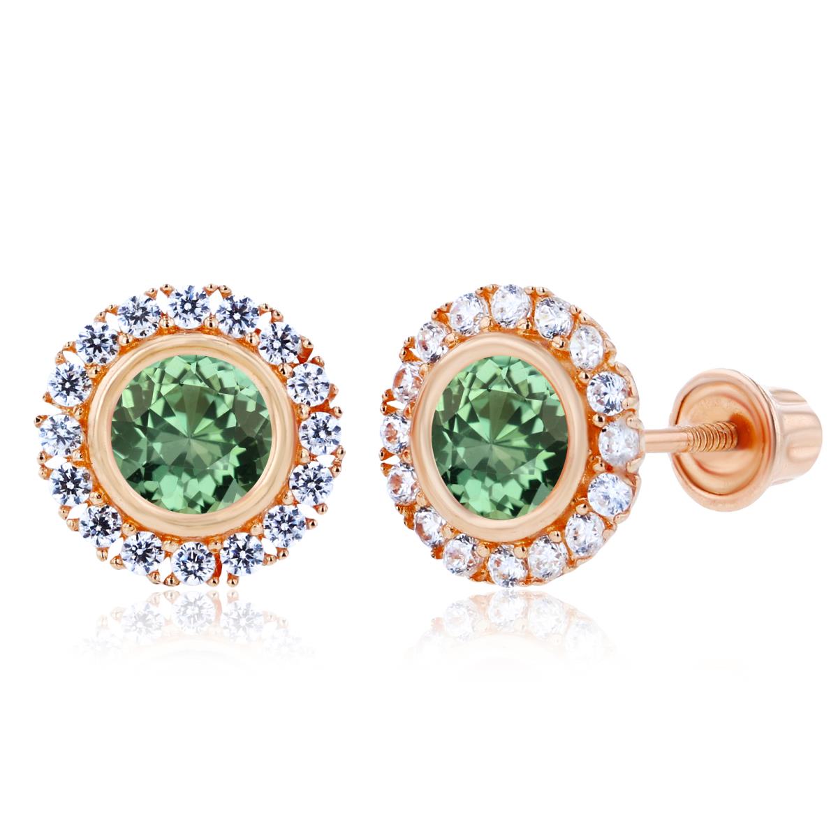 Sterling Silver Rose 4mm Created Green Sapphire Bezel & 1mm Created White Sapphire Halo Screwback Earrings