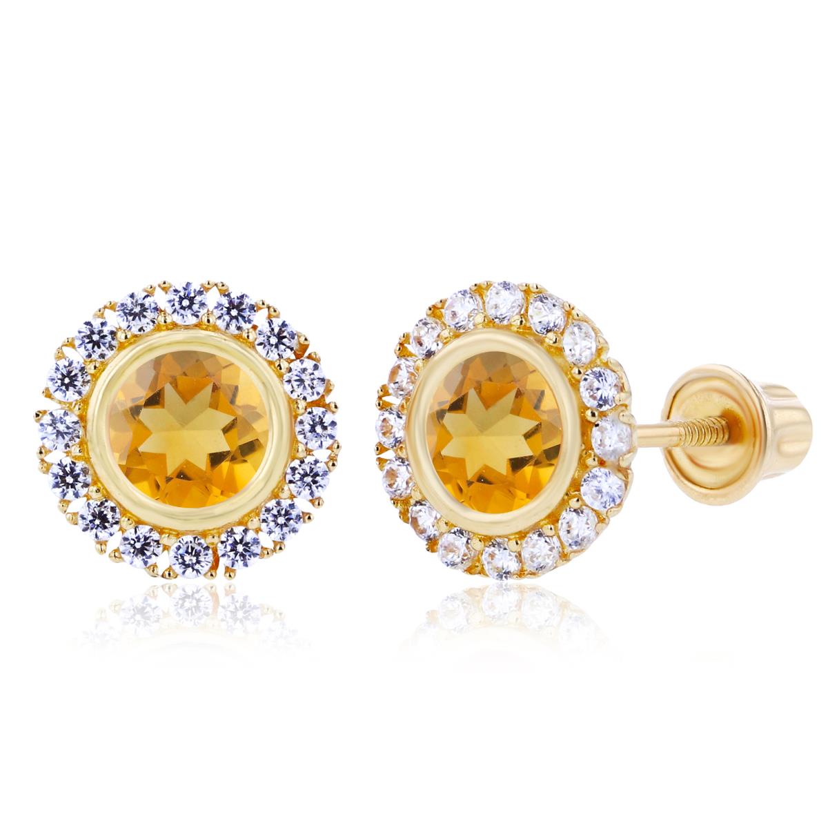 Sterling Silver Yellow 4mm Citrine Bezel & 1mm Created White Sapphire Halo Screwback Earrings