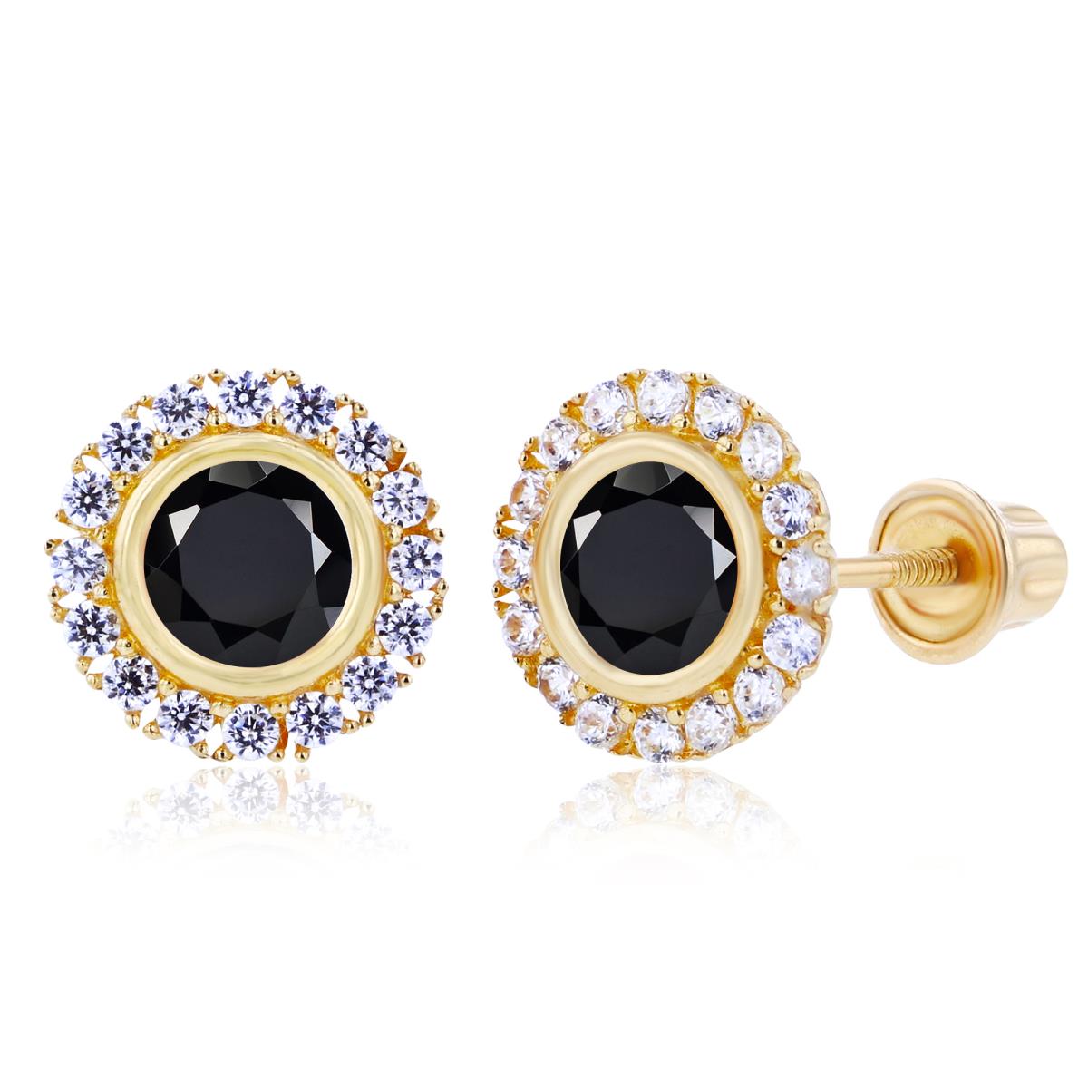 Sterlinh Silver Yellow 4mm Onyx Bezel & 1mm Created White Sapphire Halo Screwback Earrings