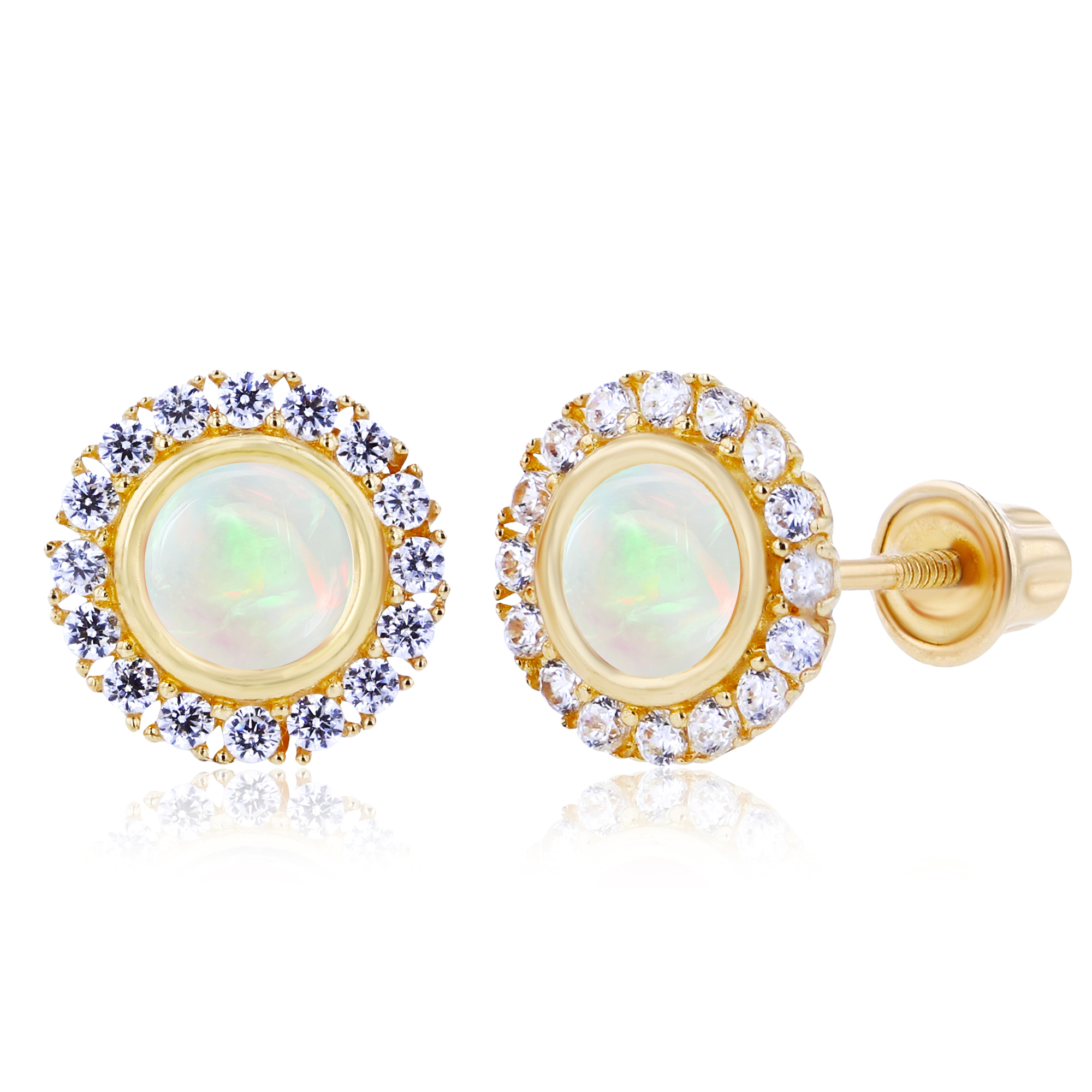 Sterling Silver Yellow 4mm Created Opal Bezel & 1mm Created White Sapphire Halo Screwback Earrings