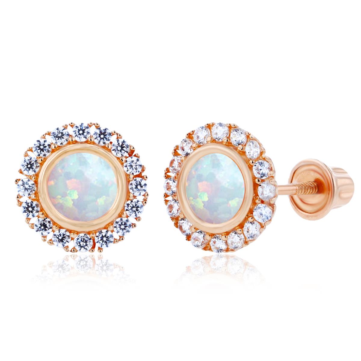 Sterling Silver Rose 4mm Created Opal Bezel & 1mm Created White Sapphire Halo Screwback Earrings