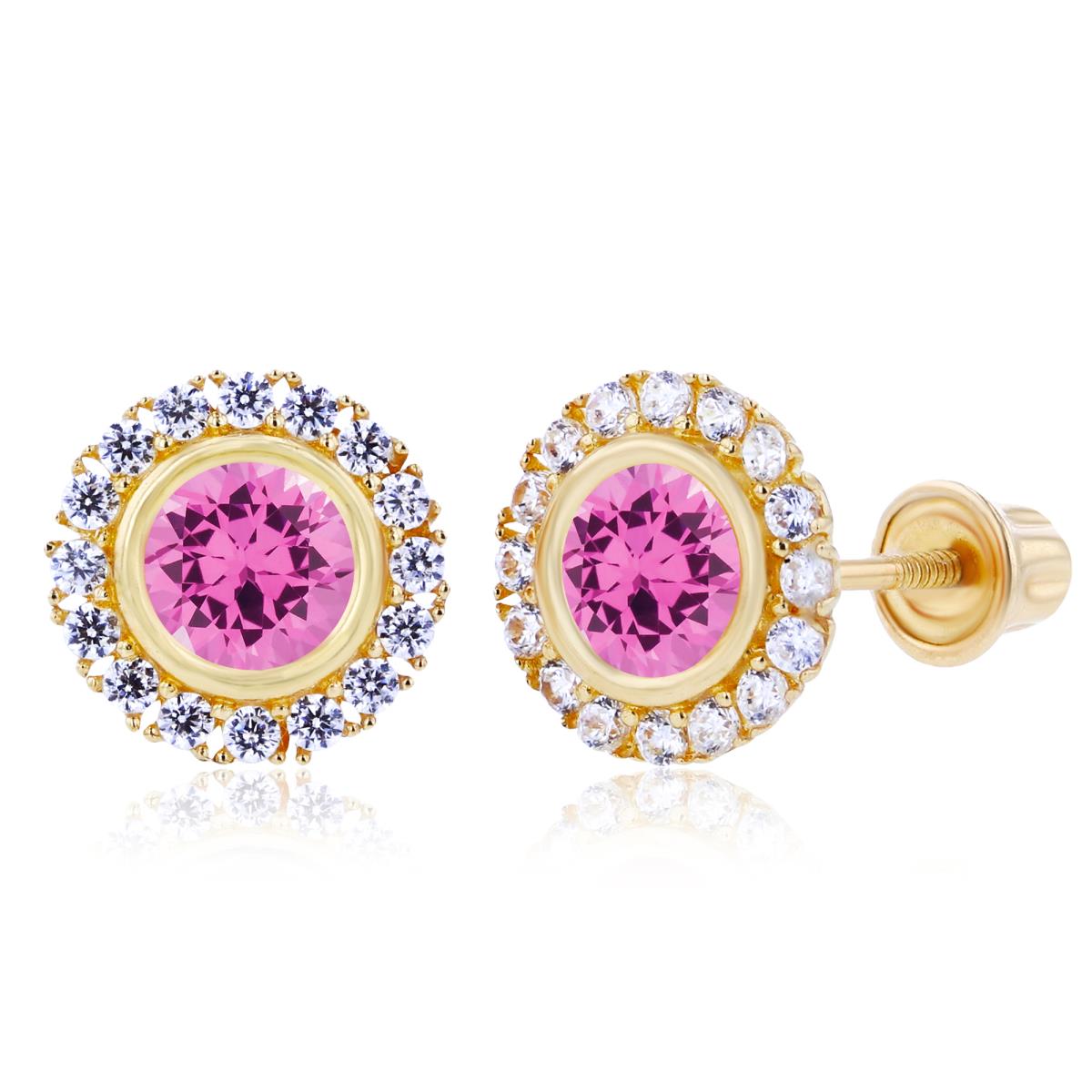 Sterling Silver Yellow 4mm Created Pink Sapphire Bezel & 1mm Created White Sapphire Halo Screwback Earrings